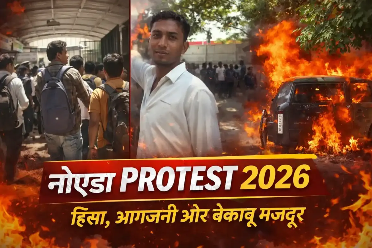 Noida Industrial Protest 2026 मजदूर प्रदर्शन आगजनी हिंसा